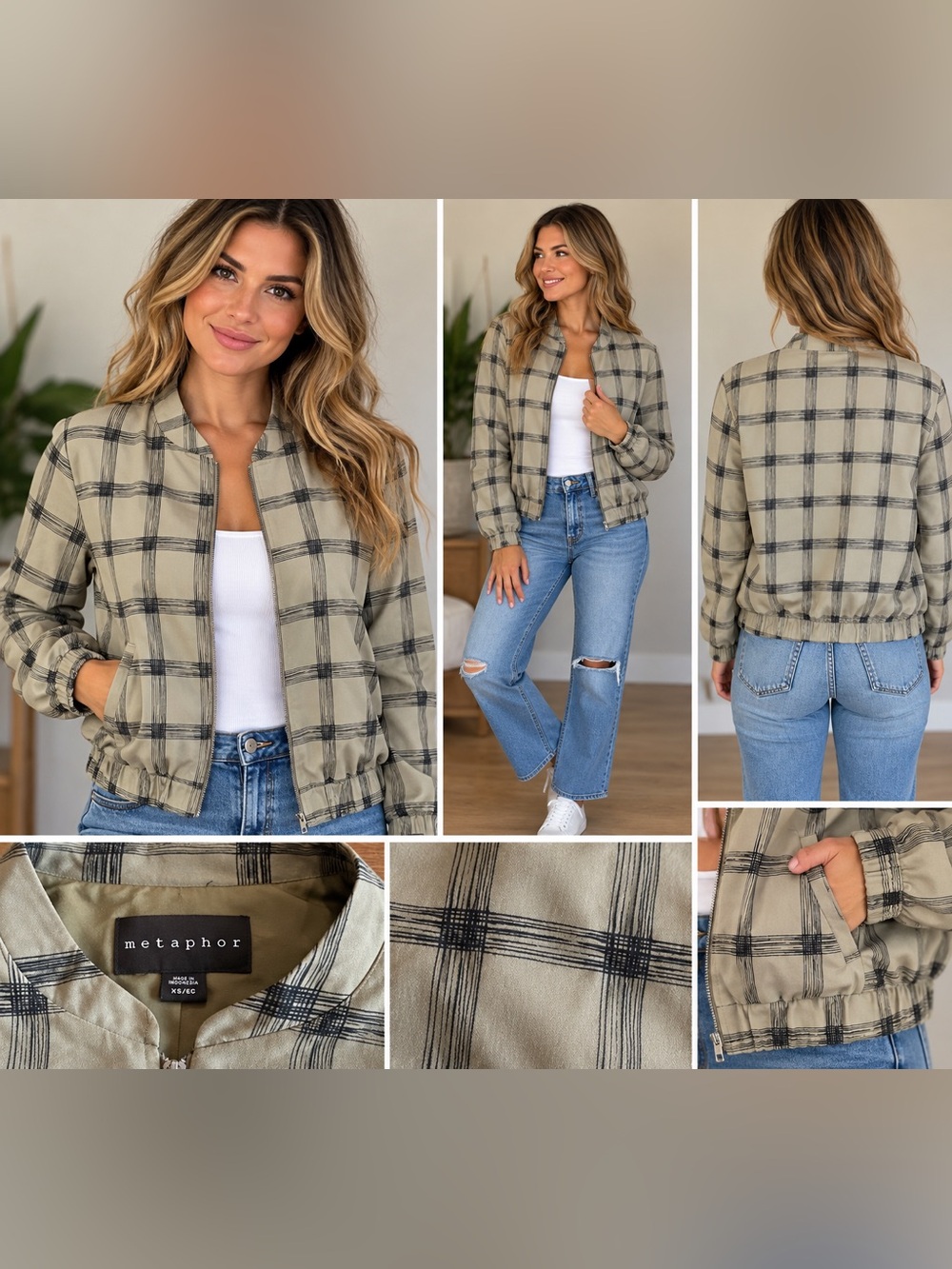 Metaphor Plaid Bomber Jacket XS Cream Black Windowpane Zip Up